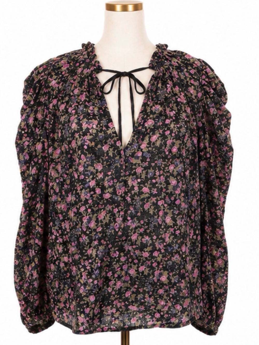 Free People Floral Cotton Blouse Size Large Puff Sleeve Tie Neck Boho